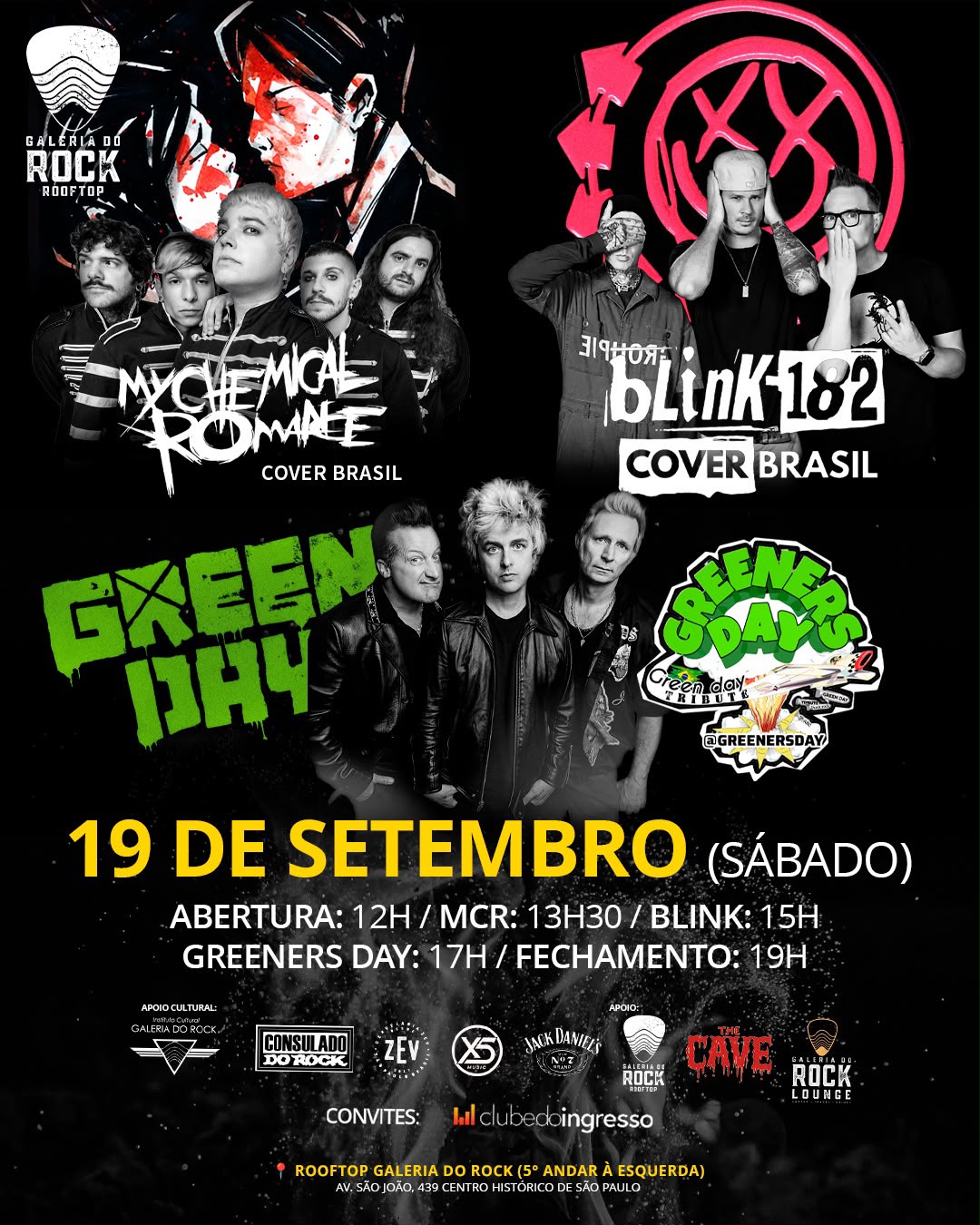 Agenda de setembro: Rooftop Galeria do Rock recebe tributos a System of a Down, Linkin Park, Korn, Green Day e mais