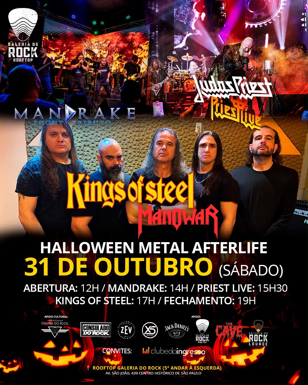 Arte oficial do Rooftop Galeria do Rock para 31 de outubro de 2026, Halloween Metal Afterlife com Mandrake, Priest Live e Kings of Steel