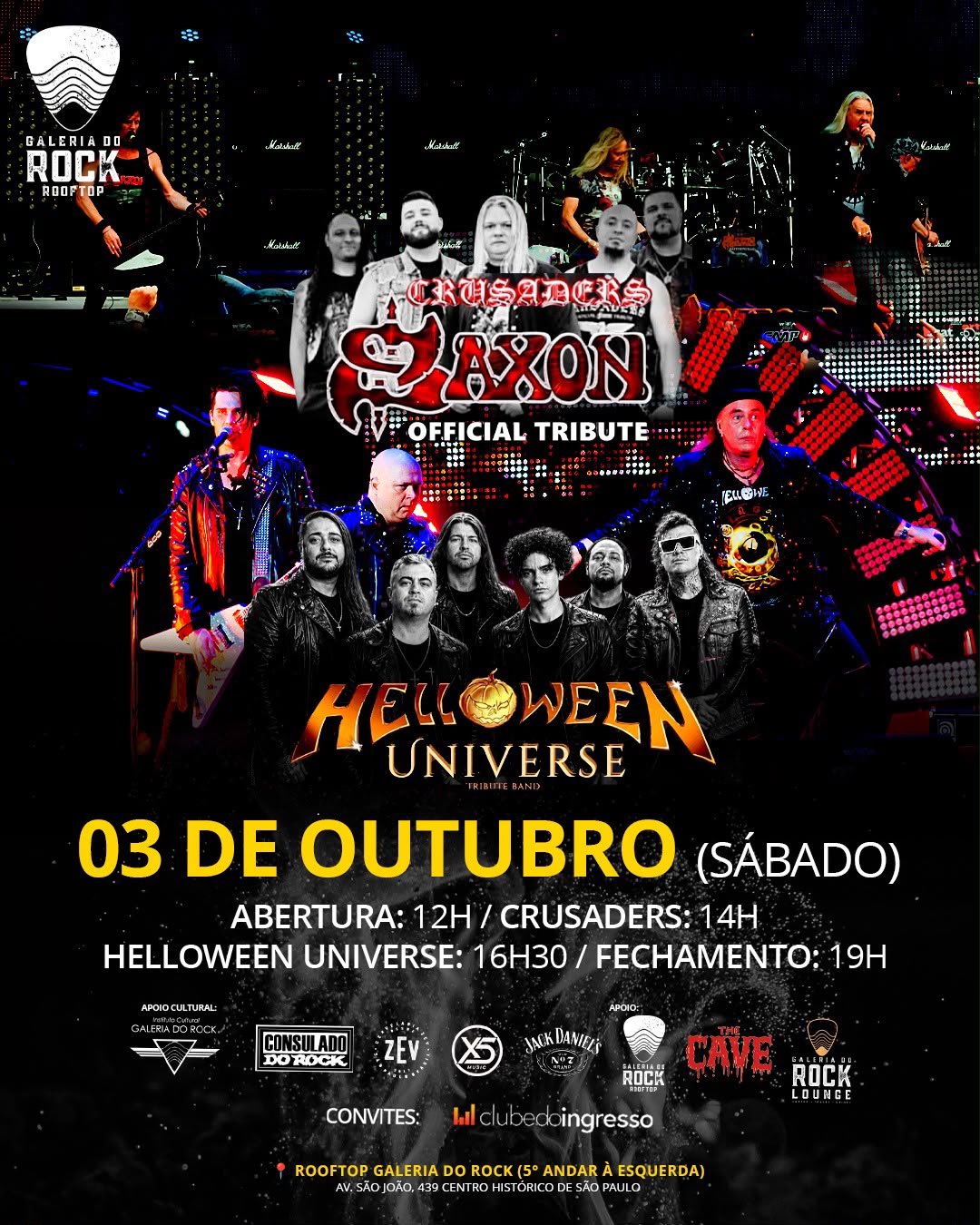 Arte oficial do Rooftop Galeria do Rock para 3 de outubro de 2026, com Crusaders – Saxon Official Tribute e Helloween Universe