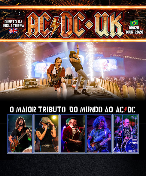Arte de divulgação da ACDC UK Brazil Tour 2026 com os integrantes da banda tributo no palco