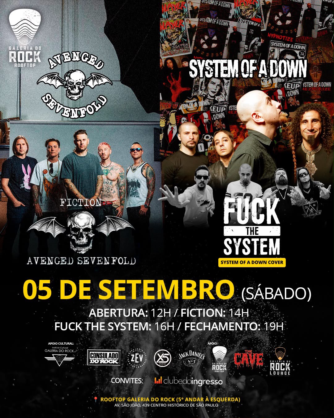 System of a Down e Avenged Sevenfold em tributo no Rooftop Galeria do Rock