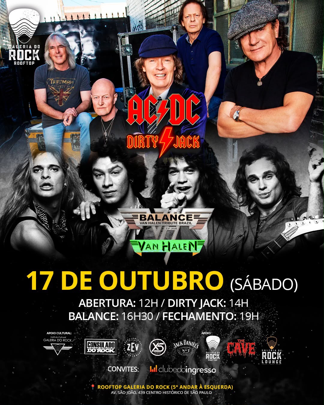 Arte oficial do Rooftop Galeria do Rock para 17 de outubro de 2026, com Dirty Jack (AC/DC) e Balance (Van Halen Tribute Brazil)