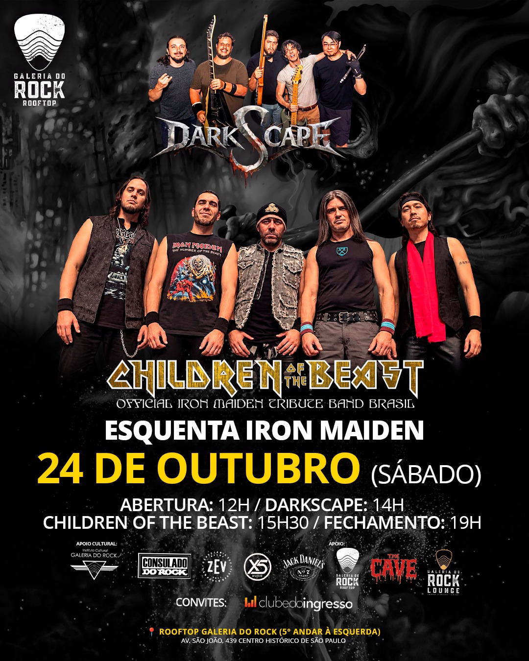 Arte oficial do Rooftop Galeria do Rock para 24 de outubro de 2026, Esquenta Iron Maiden com Darkscape e Children of the Beast