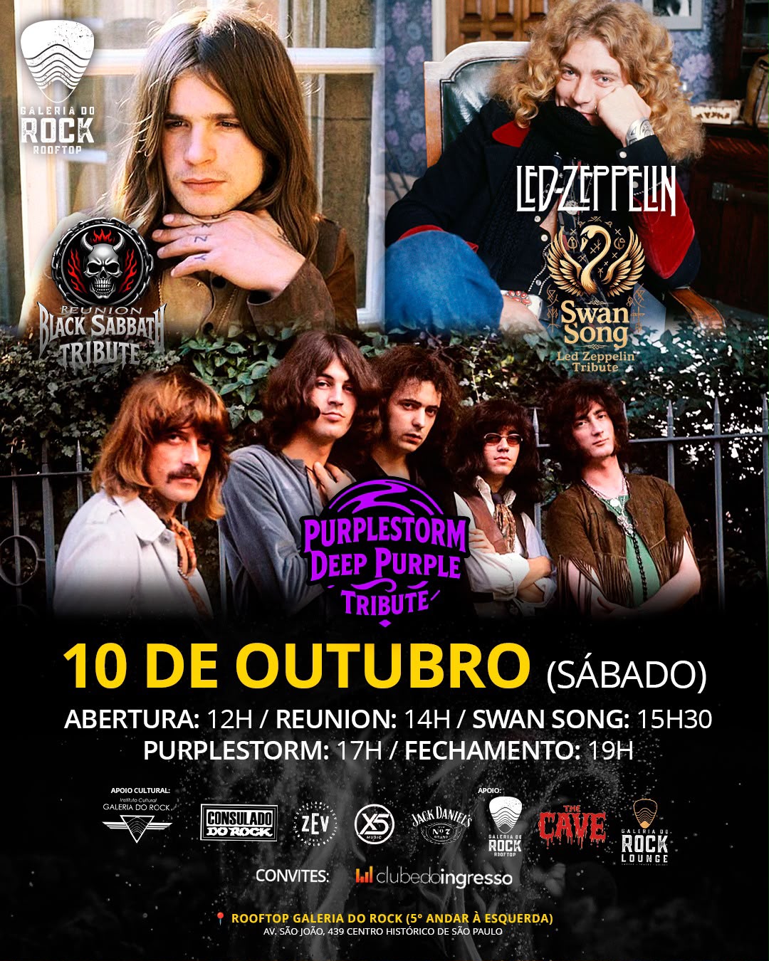 Arte oficial do Rooftop Galeria do Rock para 10 de outubro de 2026, com tributos a Black Sabbath, Led Zeppelin e Deep Purple