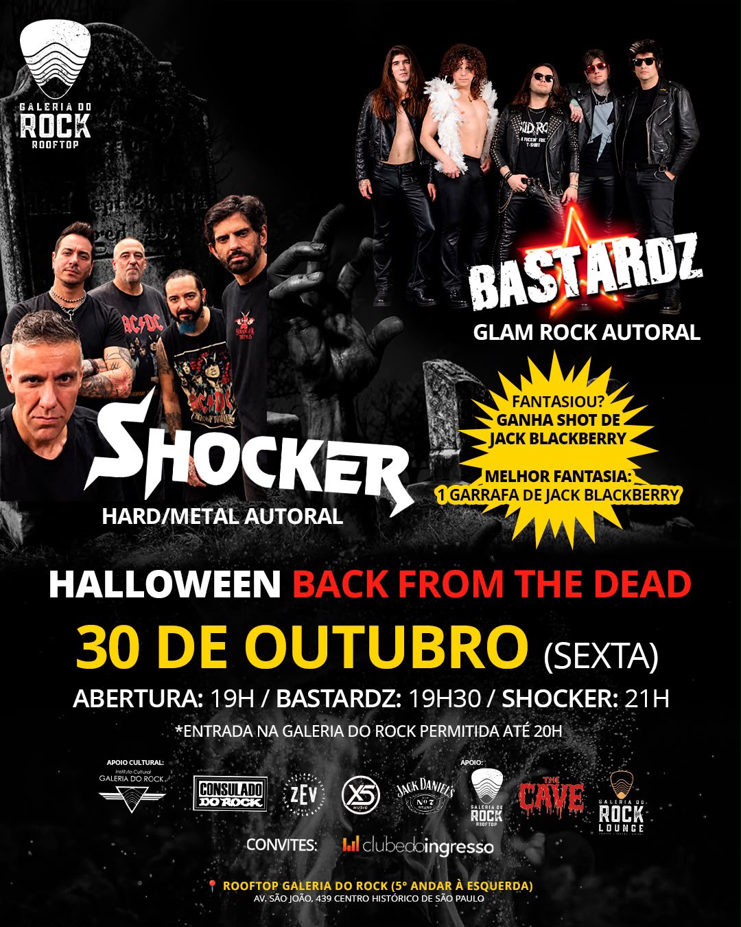 Arte oficial do Rooftop Galeria do Rock para 30 de outubro de 2026, Halloween Back From The Dead com Bastardz e Shocker
